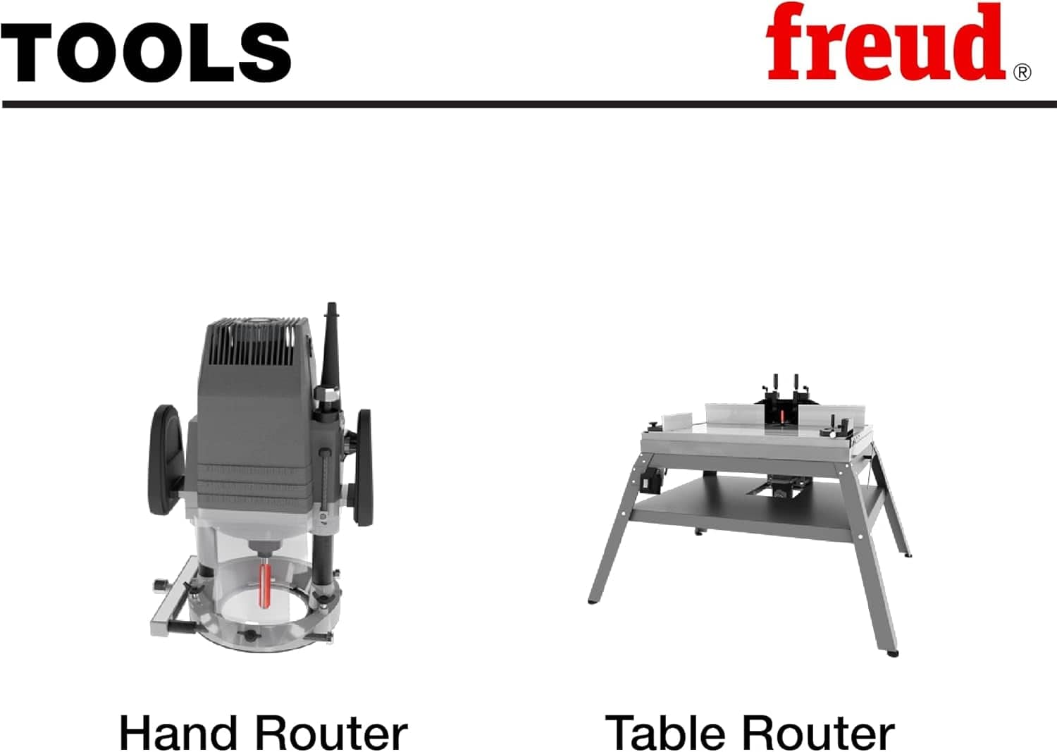 Graphic titled TOOLS displaying two router setups compatible with this bit: a handheld plunge router on the left and a stationary router table on the right.