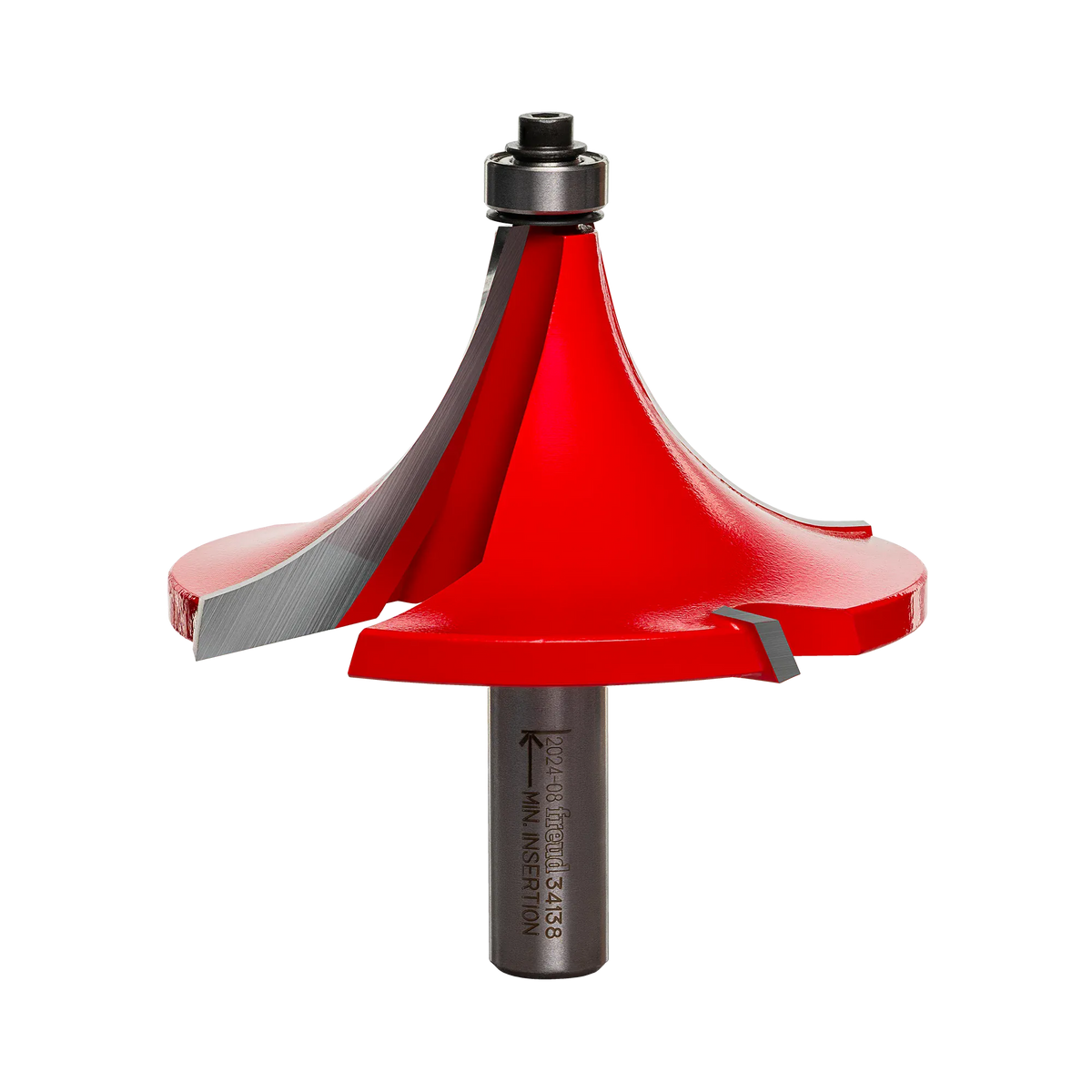 A professional studio photograph of the Freud 34-138 rounding over router bit, showcasing its red-coated head with four Quadra-Cut carbide cutting edges, a top-mounted ball bearing pilot, and a polished 1/2-inch steel shank.