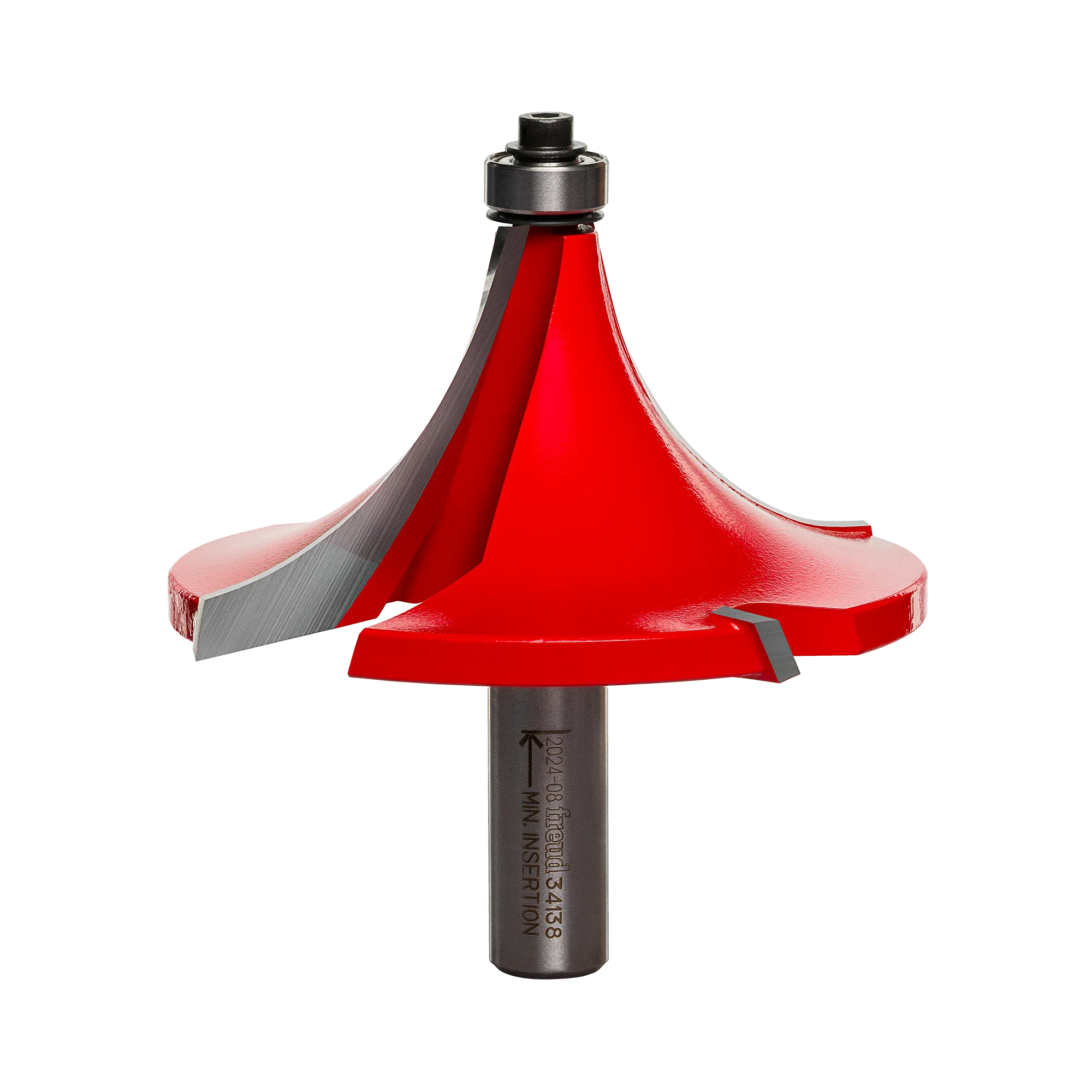 A professional studio photograph of the Freud 34-138 rounding over router bit, showcasing its red-coated head with four Quadra-Cut carbide cutting edges, a top-mounted ball bearing pilot, and a polished 1/2-inch steel shank.