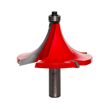 A professional studio photograph of the Freud 34-138 rounding over router bit, showcasing its red-coated head with four Quadra-Cut carbide cutting edges, a top-mounted ball bearing pilot, and a polished 1/2-inch steel shank.