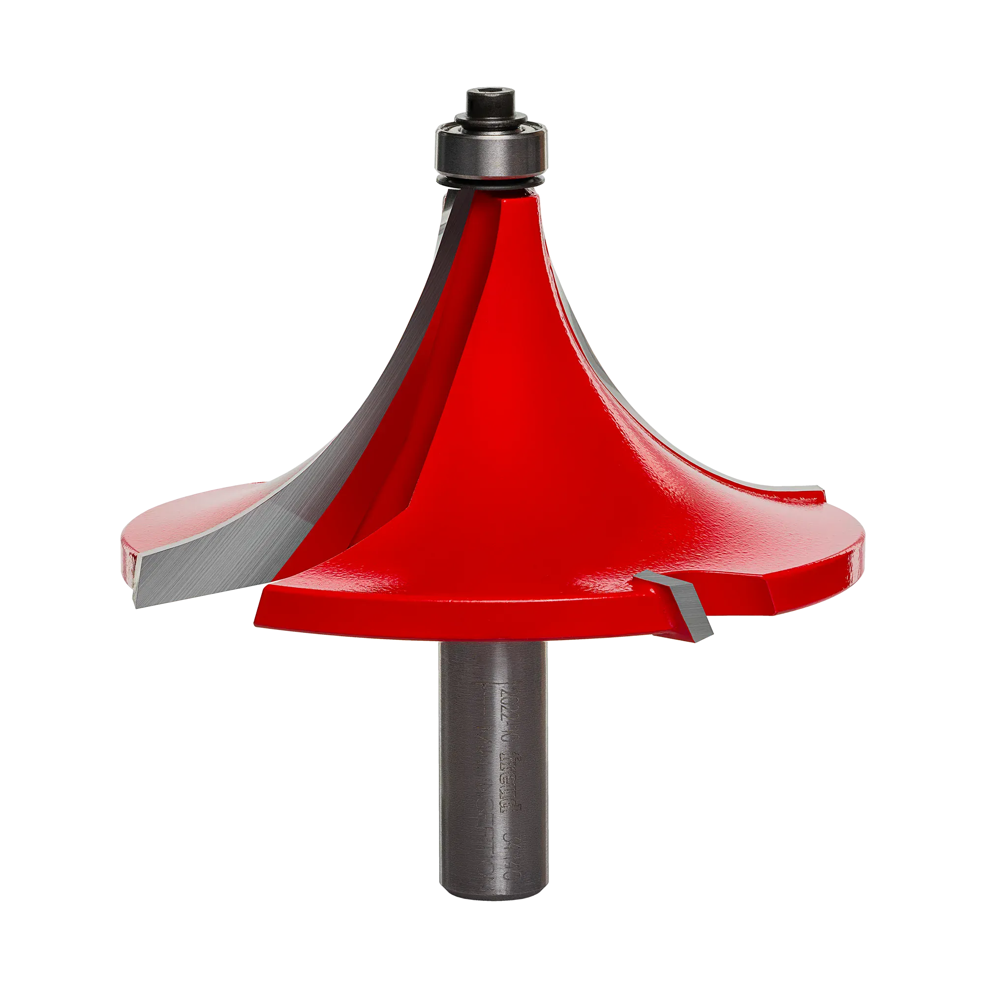 Studio shot of the Freud 34-140 rounding over router bit, featuring a massive red body with a 1-1/2 inch radius profile, 1/2 inch shank, and the signature Quadra-Cut four-wing cutter design.