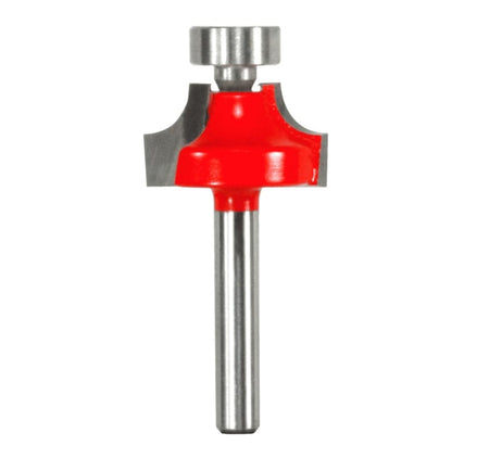 A professional studio photograph of the Freud 34-120 rounding over router bit, featuring a bright red cutting head with sharp silver carbide edges, a top-mounted solid steel pilot, and a polished 1/4 inch steel shank.