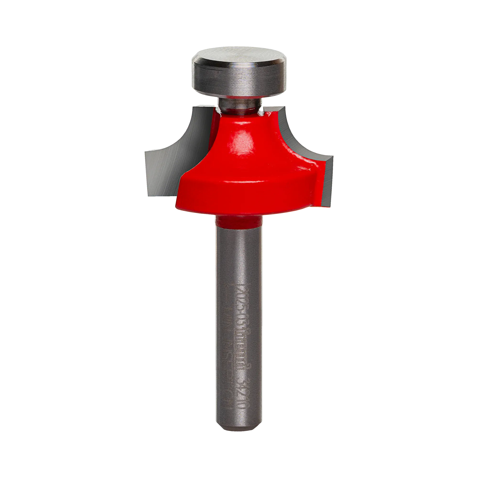 A professional studio photograph of the Freud 34-120 rounding over router bit, featuring a bright red cutting head with sharp silver carbide edges, a top-mounted solid steel pilot, and a polished 1/4 inch steel shank.