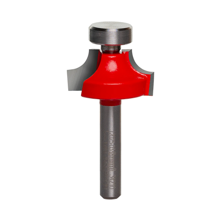 A professional studio photograph of the Freud 34-120 rounding over router bit, featuring a bright red cutting head with sharp silver carbide edges, a top-mounted solid steel pilot, and a polished 1/4 inch steel shank.