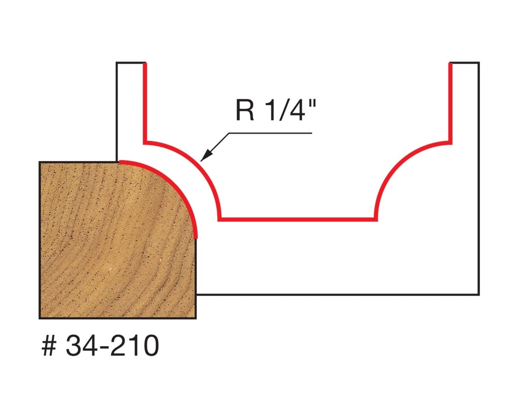 A technical diagram for the Freud 34-210 bit, illustrating a cross-section of a wood block with a precise 1/4 inch radius rounding-over profile applied to the top corner.