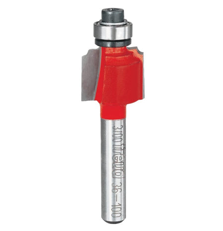 Studio shot of the Freud 36-100 Beading router bit featuring a red Perma-SHIELD body, two carbide cutters, 1/4 inch silver shank, and top ball bearing guide.