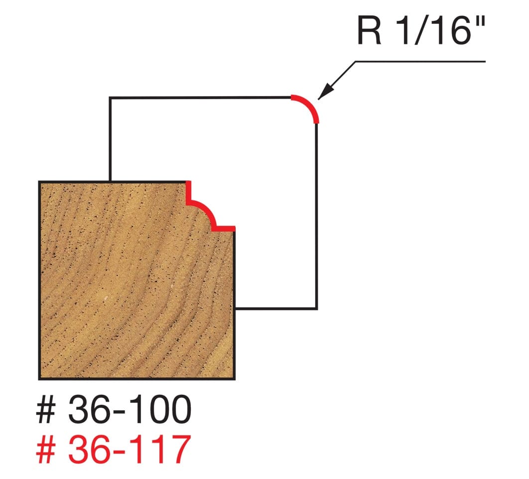 Technical profile diagram illustrating the Beading shape cut into a wood edge by the Freud 36-100 bit, showing a 1/16 inch radius curve with an inset bead, labeled for models 36-100 and 36-117.