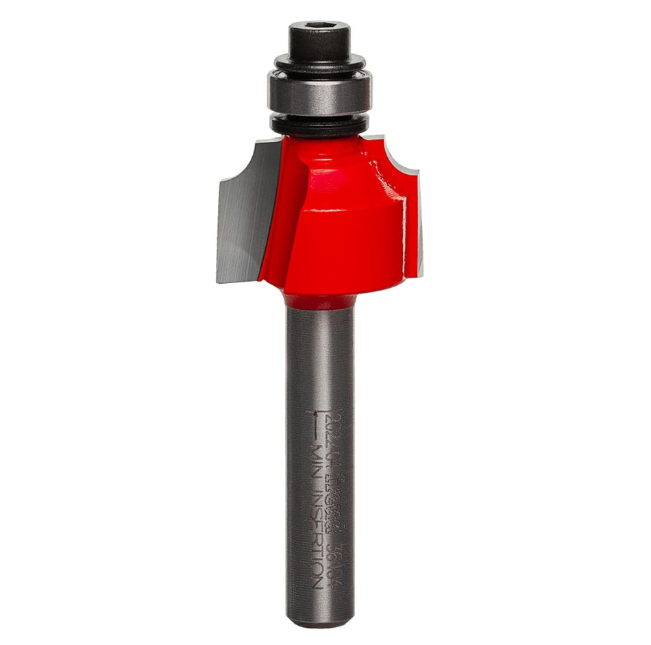 Freud 36-104 1/8-inch radius beading router bit with a 1/4-inch shank featuring a guide bearing and red Perma-SHIELD coating for decorative wood edging.