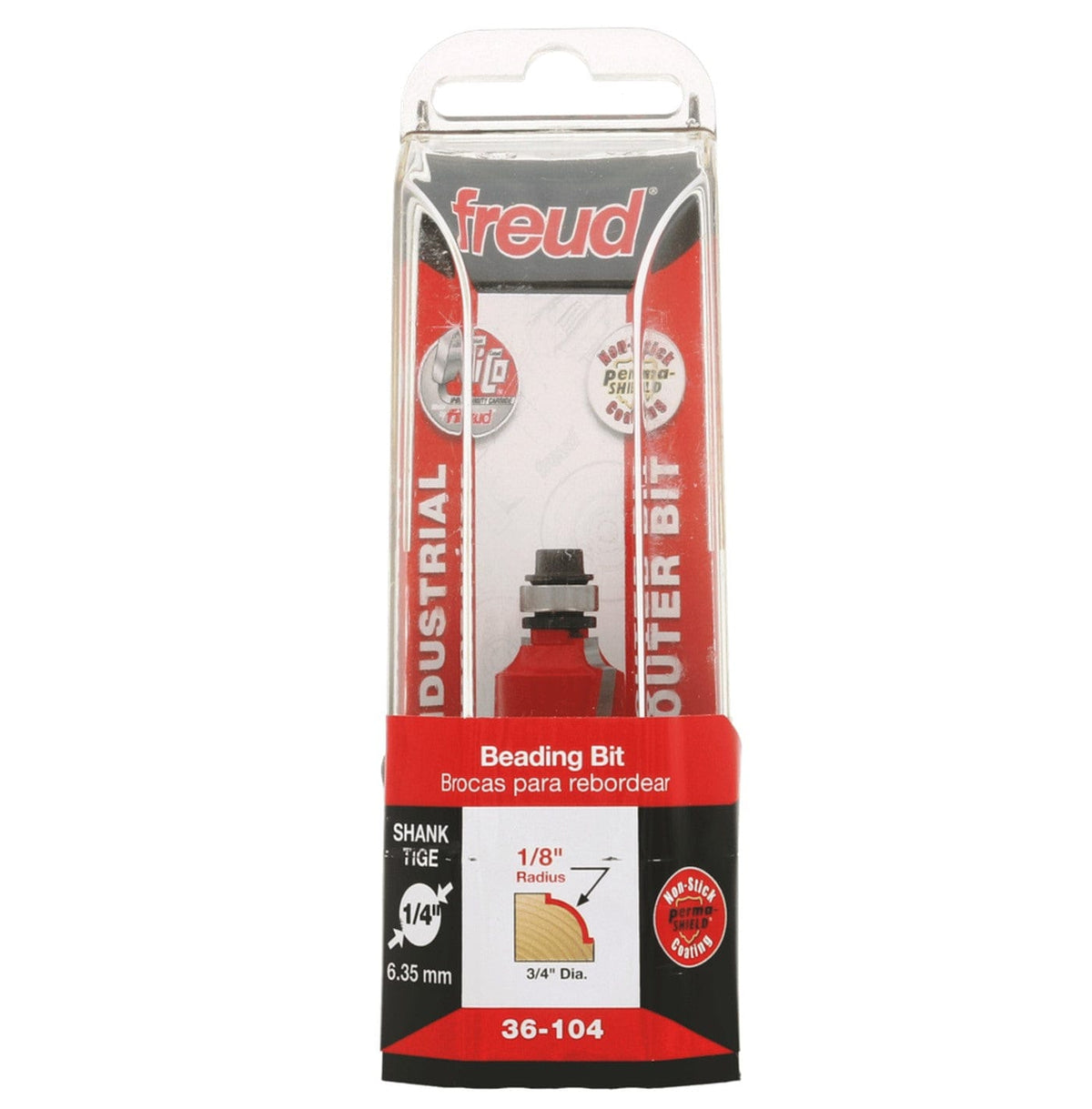 Freud 36-104 beading router bit in retail packaging highlighting the 1/8-inch radius profile and 1/4-inch shank for furniture and millwork.