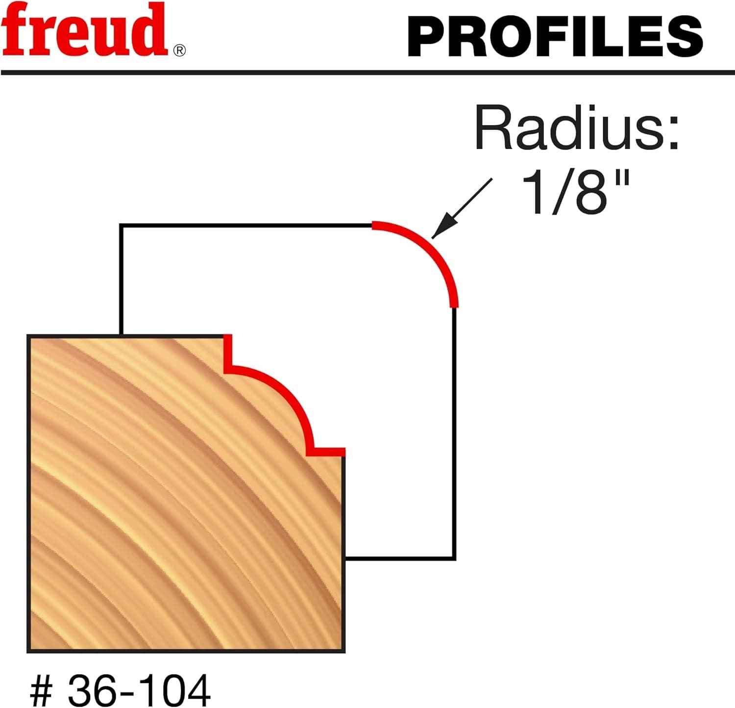 Technical profile diagram illustrating the precise 1/8-inch radius beading cut with an inset shoulder produced by the Freud 36-104 router bit.