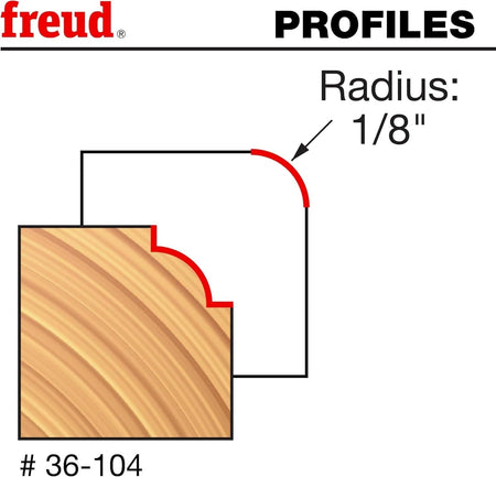 Technical profile diagram illustrating the precise 1/8-inch radius beading cut with an inset shoulder produced by the Freud 36-104 router bit.