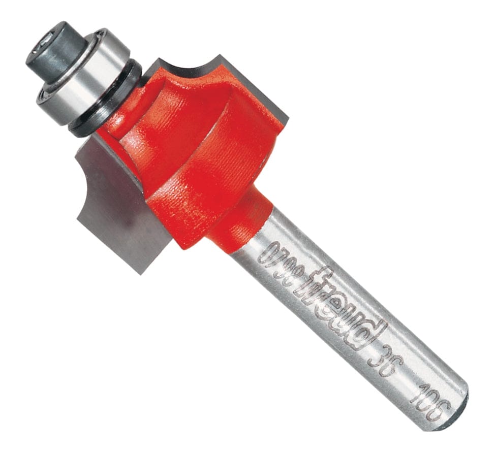 A studio product photograph of the Freud 36-106 Beading router bit featuring a red Perma-SHIELD body, two carbide cutting flutes, a top-mounted ball bearing pilot, and a 1/4 inch silver shank.