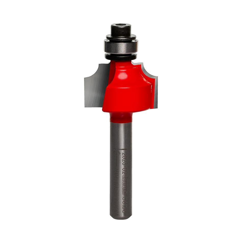 A studio product photograph of the Freud 36-106 Beading router bit featuring a red Perma-SHIELD body, two carbide cutting flutes, a top-mounted ball bearing pilot, and a 1/4 inch silver shank.