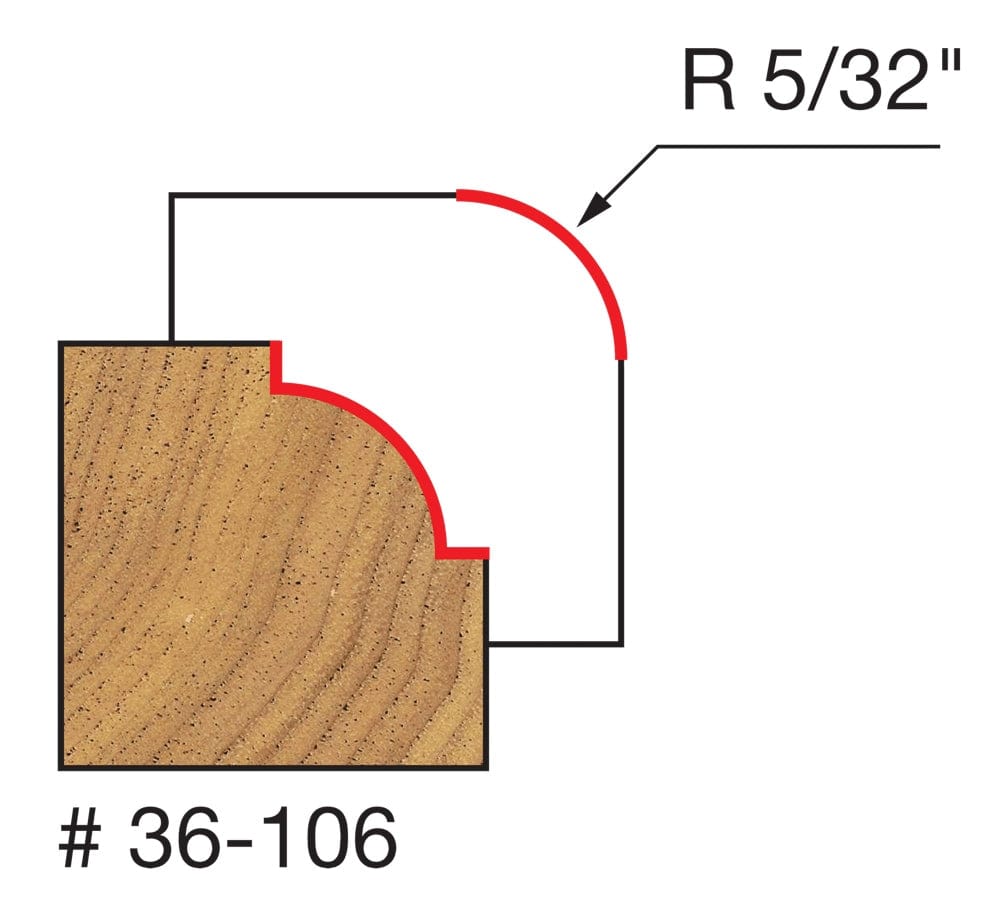 A technical profile diagram for the Freud 36-106 bit illustrating a decorative beading edge cut into a wood corner with a specified 5/32 inch radius.
