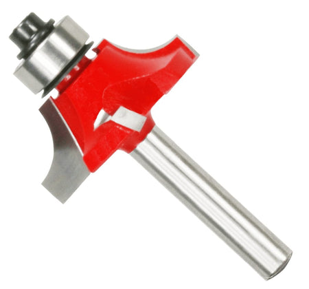 A professional studio shot of the Freud 36-112 carbide beading router bit at an angle, featuring the signature red Perma-SHIELD non-stick coating on the four-cutter head, a top-mounted ball-bearing guide, and a polished 1/4-inch steel shank.