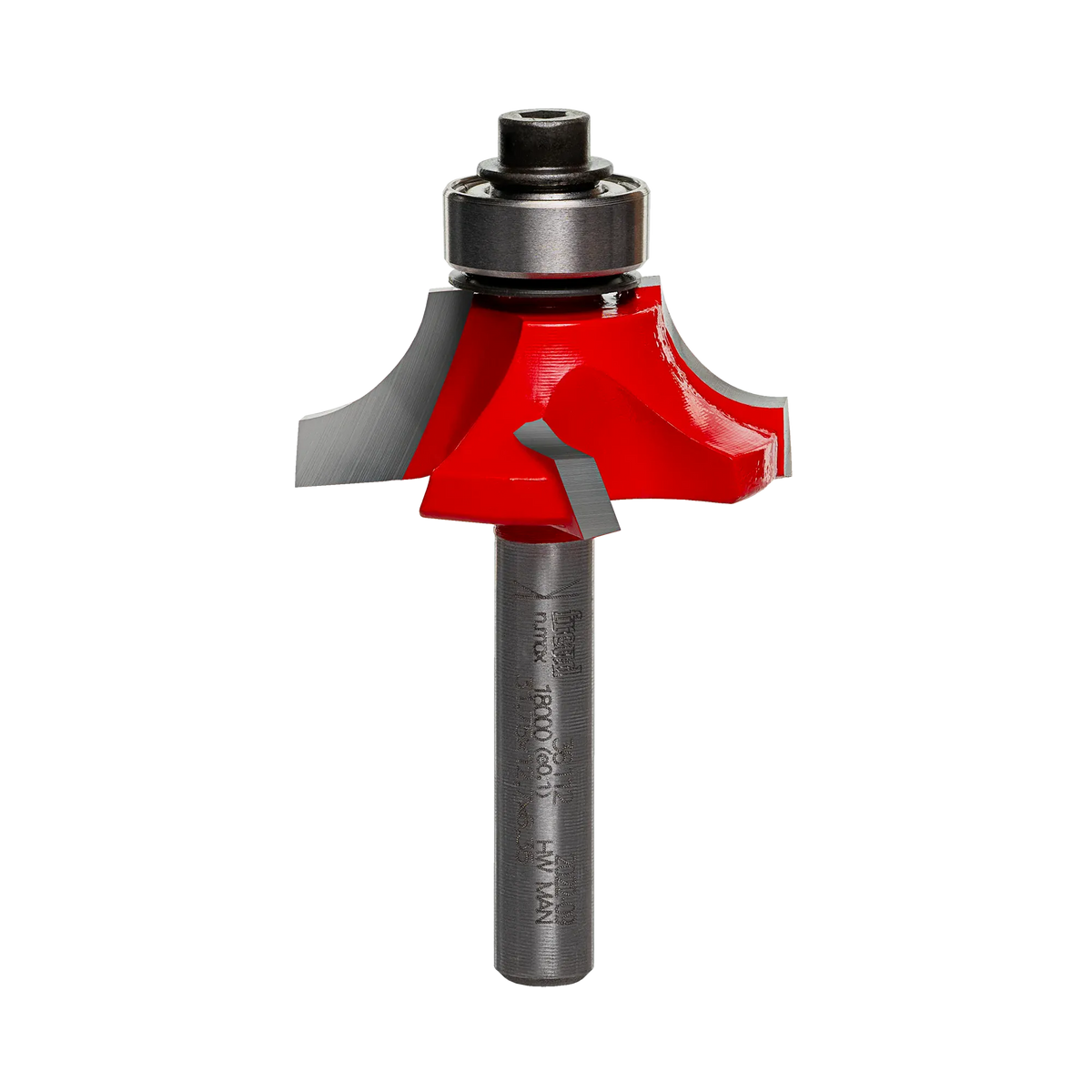 A side-profile view of the Freud 36-112 beading bit against a white background, highlighting the complex Quadra-Cut 4-cutter geometry and the precision-mounted pilot bearing.