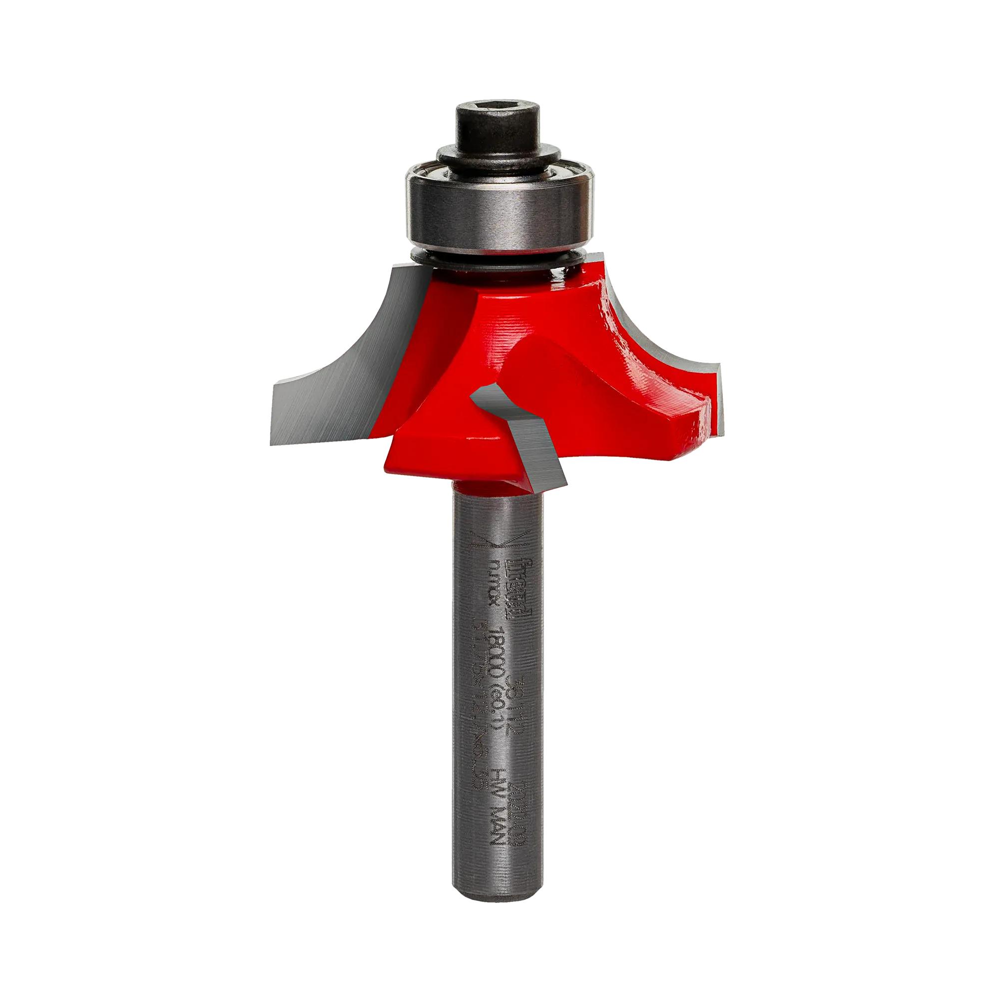 A side-profile view of the Freud 36-112 beading bit against a white background, highlighting the complex Quadra-Cut 4-cutter geometry and the precision-mounted pilot bearing.
