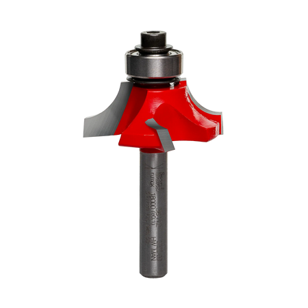 A side-profile view of the Freud 36-112 beading bit against a white background, highlighting the complex Quadra-Cut 4-cutter geometry and the precision-mounted pilot bearing.