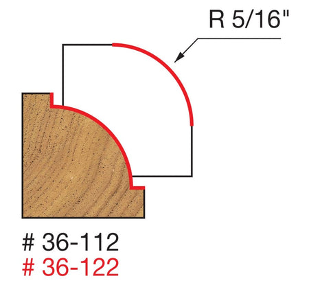 A technical profile diagram for the Freud 36-112 bit, illustrating a precise 5/16-inch radius beading cut on a wood corner to create a decorative rounded edge with a classic inset bead shadow line.