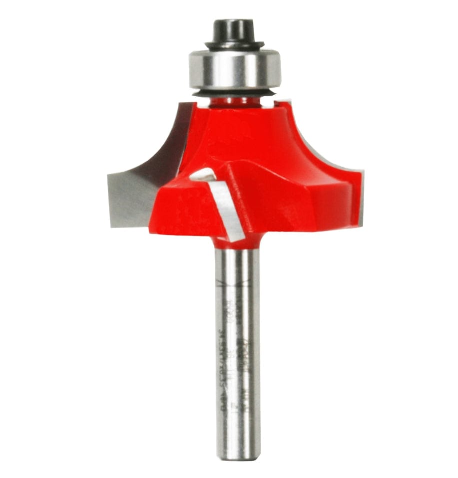 A studio product shot of the Freud 36-114 3/8-inch radius beading router bit, featuring the signature red Perma-SHIELD non-stick coating, a ball-bearing guide, and a polished 1/4-inch steel shank.