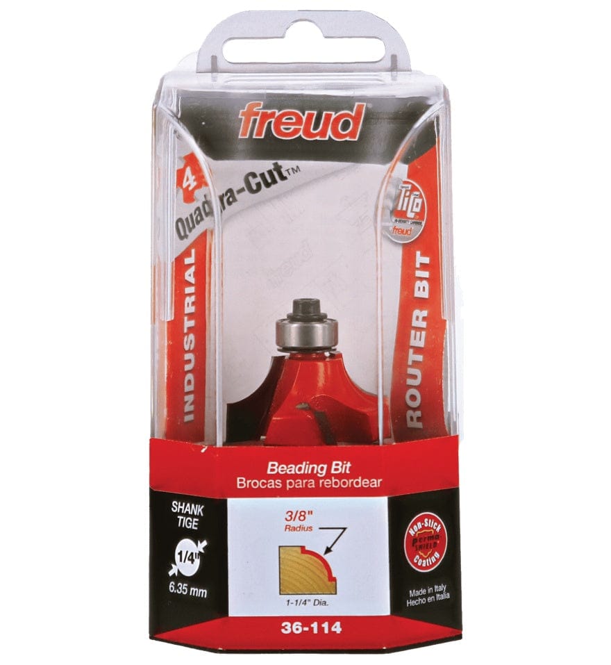 Retail clamshell packaging for the Freud 36-114 beading bit, highlighting the 3/8-inch radius profile and the 1/4-inch shank size for professional woodworking applications.