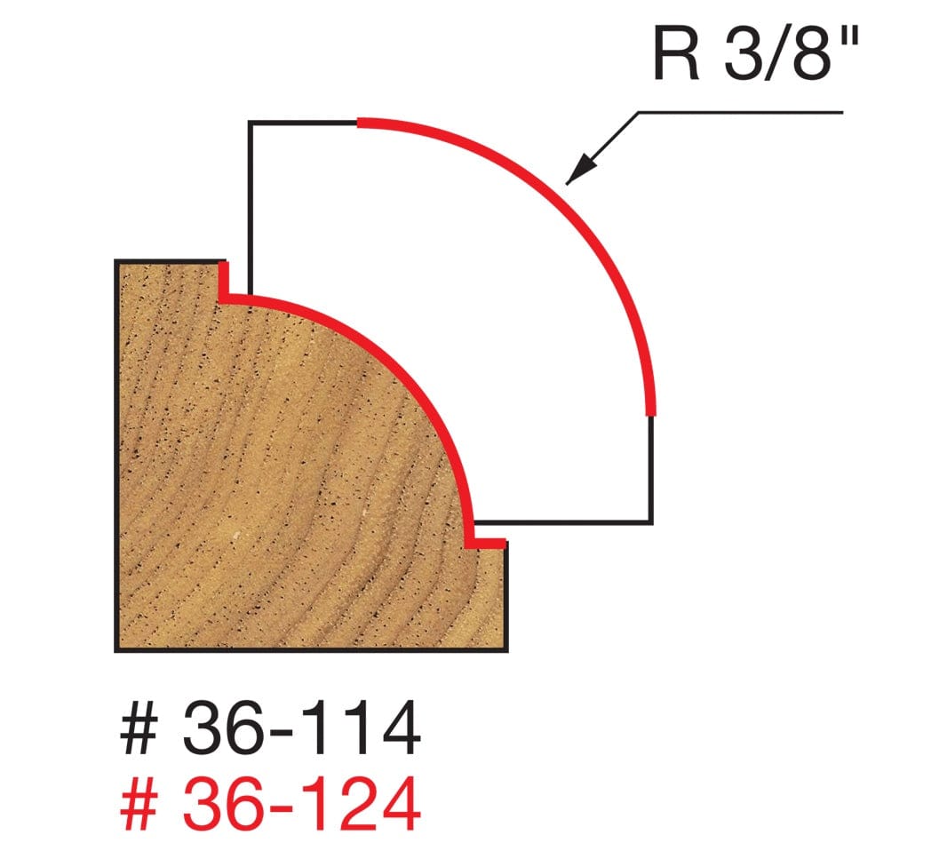 A technical profile diagram of the Freud 36-114 beading bit showing a 3/8-inch radius curve and the resulting decorative inset bead profile on a wood edge.