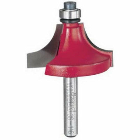 Red and silver router bit on a white background