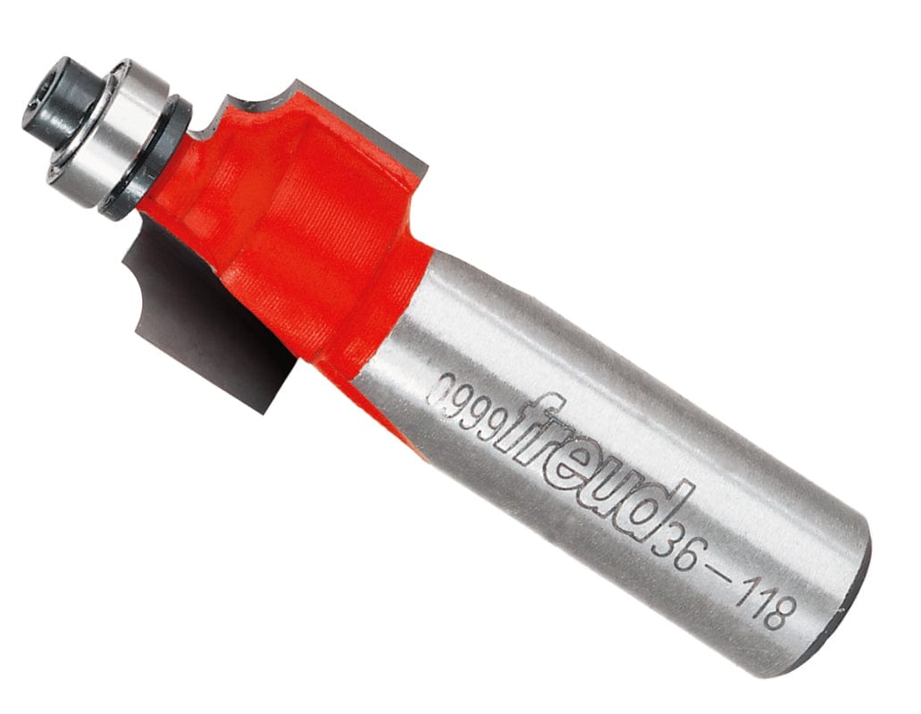 Studio shot of the Freud 36-118 Beading router bit featuring a red Perma-SHIELD body, two carbide cutters, 1/2 inch silver shank, and top ball bearing guide.