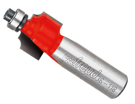 Studio shot of the Freud 36-118 Beading router bit featuring a red Perma-SHIELD body, two carbide cutters, 1/2 inch silver shank, and top ball bearing guide.
