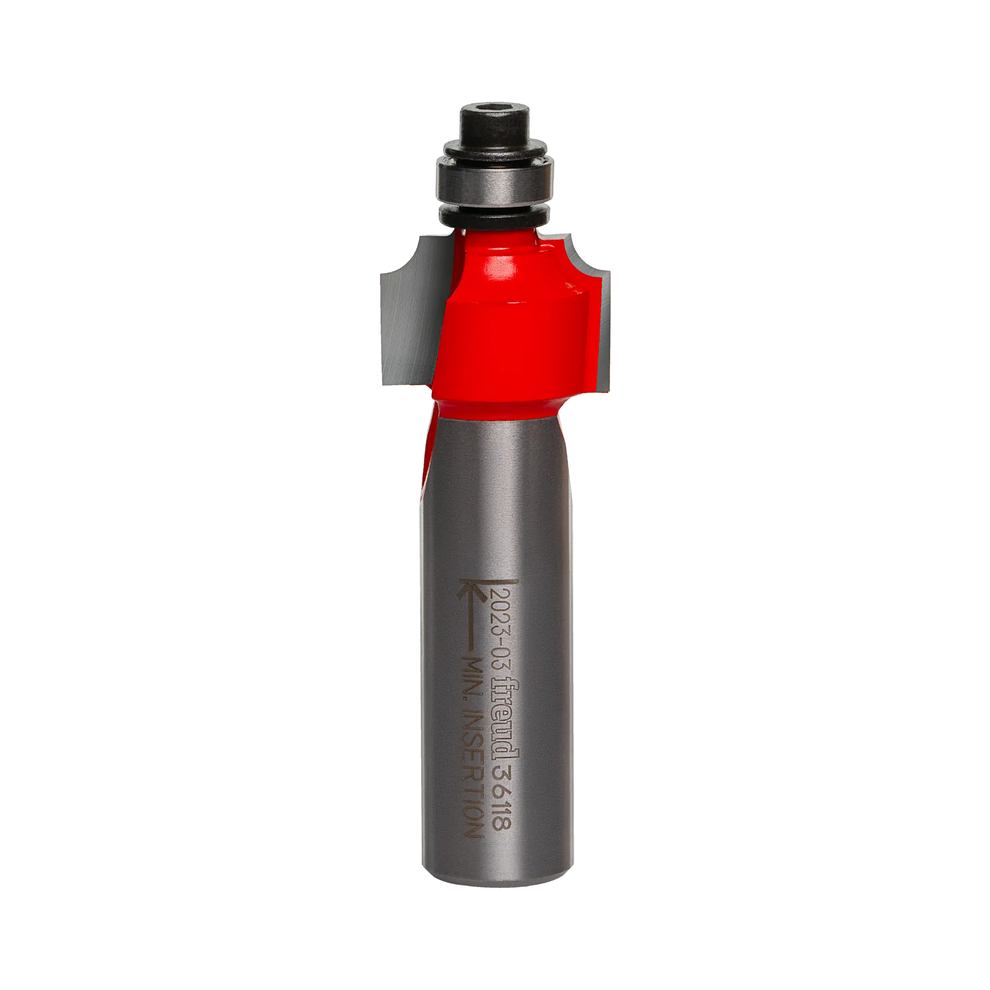 Studio shot of the Freud 36-118 Beading router bit featuring a red Perma-SHIELD body, two carbide cutters, 1/2 inch silver shank, and top ball bearing guide.