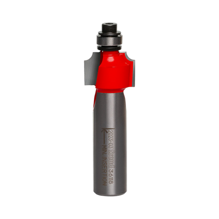 Studio shot of the Freud 36-118 Beading router bit featuring a red Perma-SHIELD body, two carbide cutters, 1/2 inch silver shank, and top ball bearing guide.