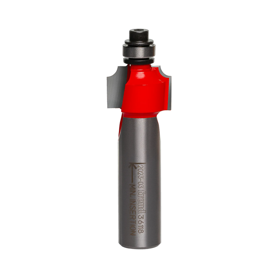 Studio shot of the Freud 36-118 Beading router bit featuring a red Perma-SHIELD body, two carbide cutters, 1/2 inch silver shank, and top ball bearing guide.