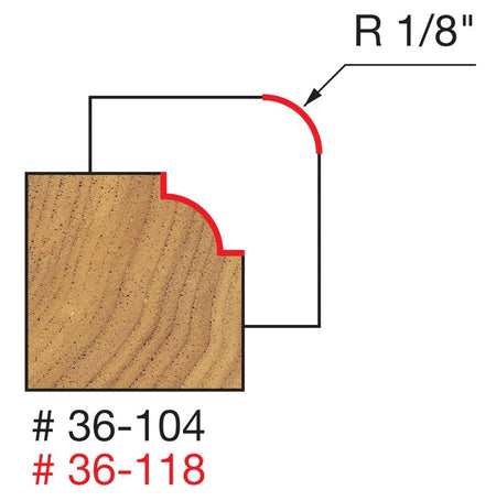 Technical profile diagram illustrating the 1/8 inch radius Beading shape cut into a wood edge by the Freud 36-118 bit.