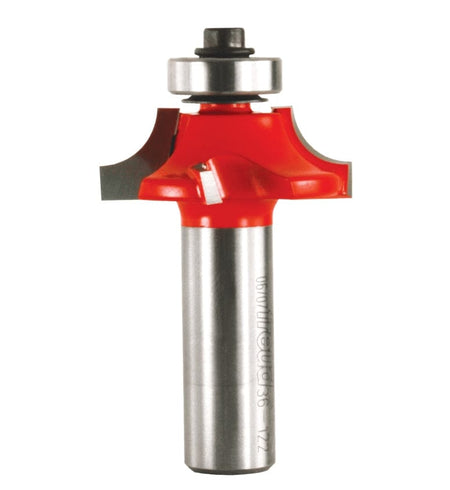 Studio shot of the Freud 36-122 Beading router bit featuring a red Perma-SHIELD body, four Quadra-Cut carbide cutters, 1/2 inch silver shank, and top ball bearing guide.