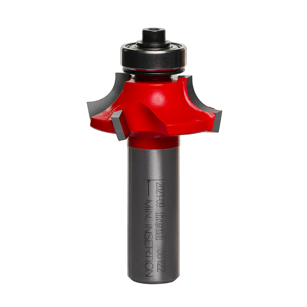Studio shot of the Freud 36-122 Beading router bit featuring a red Perma-SHIELD body, four Quadra-Cut carbide cutters, 1/2 inch silver shank, and top ball bearing guide.