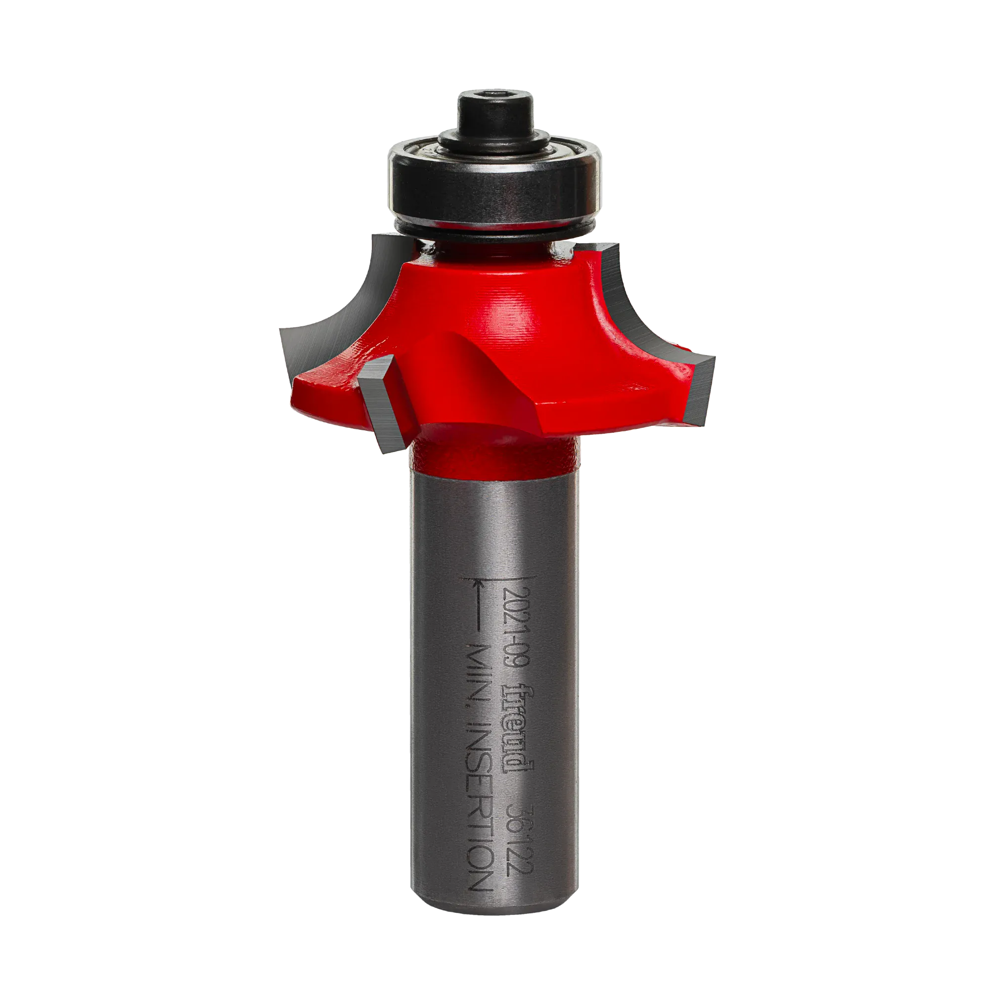 Studio shot of the Freud 36-122 Beading router bit featuring a red Perma-SHIELD body, four Quadra-Cut carbide cutters, 1/2 inch silver shank, and top ball bearing guide.