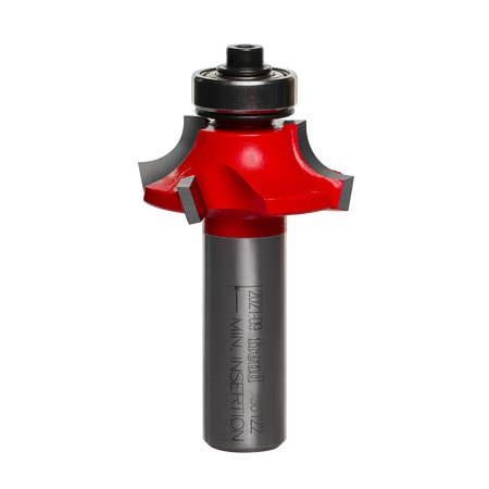 Studio shot of the Freud 36-122 Beading router bit featuring a red Perma-SHIELD body, four Quadra-Cut carbide cutters, 1/2 inch silver shank, and top ball bearing guide.