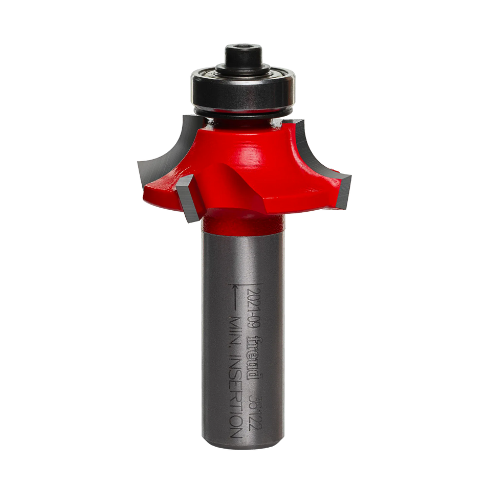 Studio shot of the Freud 36-122 Beading router bit featuring a red Perma-SHIELD body, four Quadra-Cut carbide cutters, 1/2 inch silver shank, and top ball bearing guide.