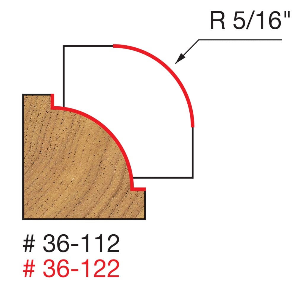 Technical profile diagram illustrating the Beading shape cut into a wood edge by the Freud 36-122 bit, showing a 5/16 inch radius curve with an inset bead, labeled for models 36-112 and 36-122.
