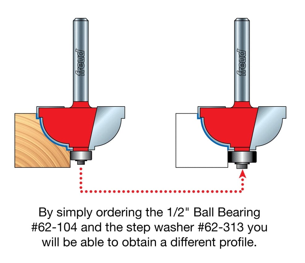 Technical illustration demonstrating how to alter the edge profile of the router bit from beading to roundover by swapping the standard bearing for a 1/2 inch ball bearing and step washer.