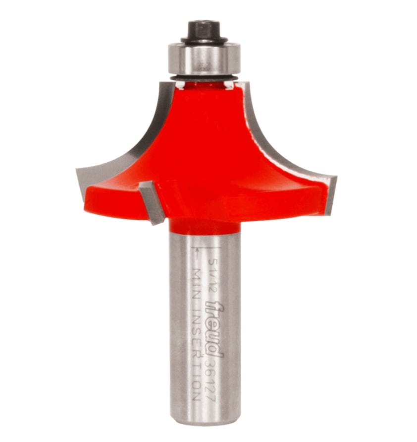 A professional studio photograph of the Freud 36-127 beading router bit, featuring its signature red Perma-SHIELD coating on the cutting head, sharp silver TiCo carbide edges, a top-mounted ball bearing pilot, and a polished 1/2 inch steel shank.