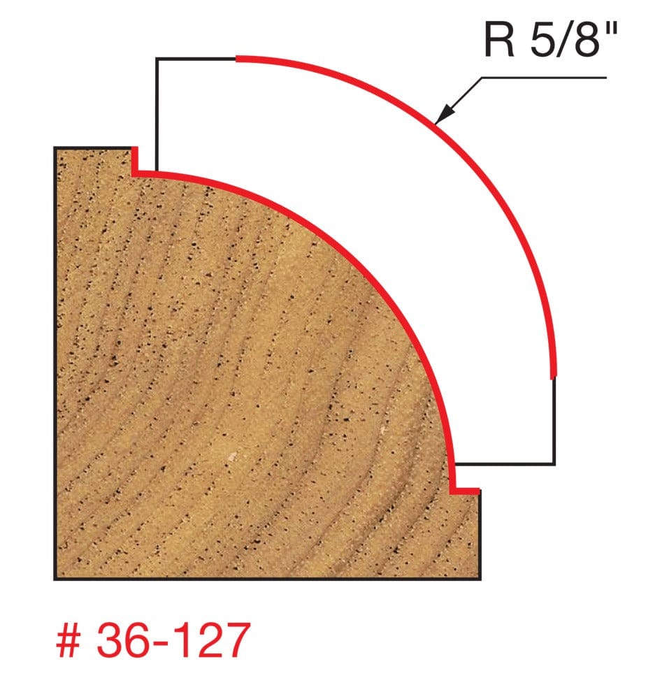 A technical diagram for the Freud 36-127 bit, illustrating a cross-section of a wood block with a red line indicating a decorative edge profile consisting of a 5/8 inch radius curve with a distinct inset bead at the bottom.