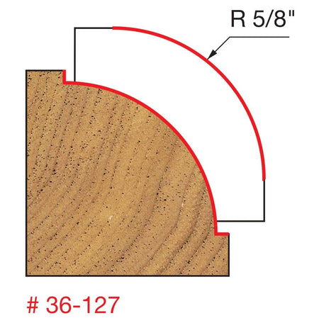 A technical diagram for the Freud 36-127 bit, illustrating a cross-section of a wood block with a red line indicating a decorative edge profile consisting of a 5/8 inch radius curve with a distinct inset bead at the bottom.