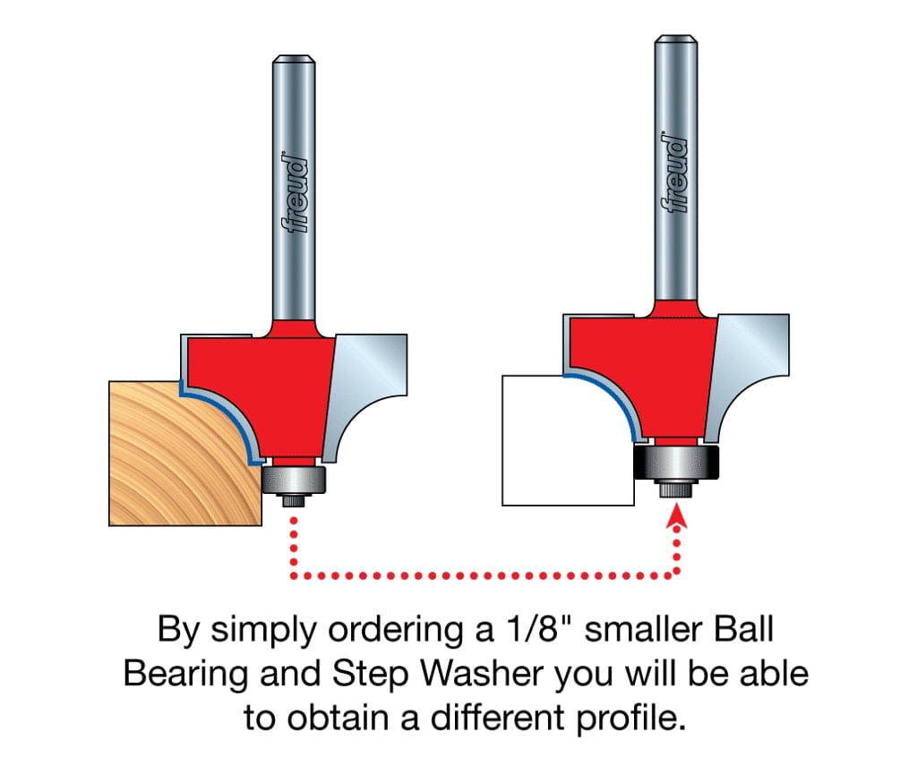 A two-part technical illustration demonstrating the versatility of the Freud 36-127 bit. The diagram shows that by simply ordering a 1/8 inch smaller ball bearing and step washer, the user can obtain a different decorative profile on the wood edge.