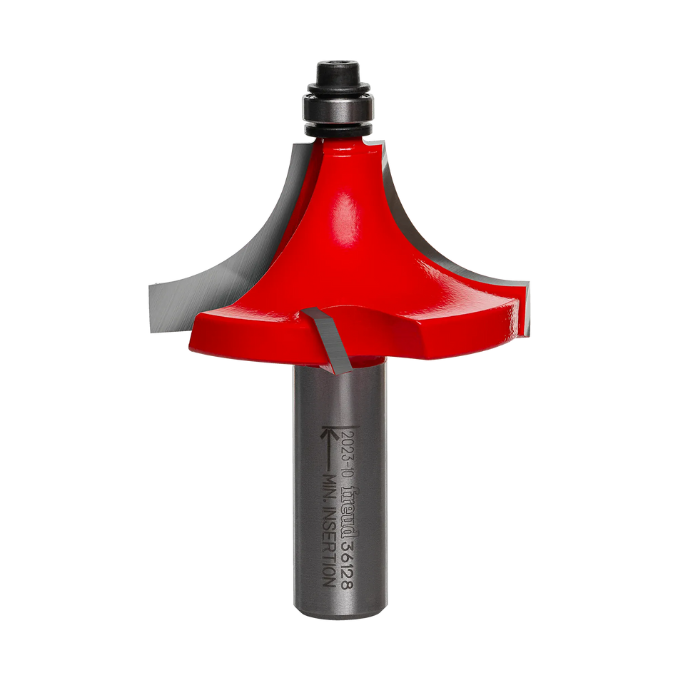 Studio shot of the Freud 36-128 Beading router bit featuring a red Perma-SHIELD body, four TiCo carbide cutters, 1/2 inch silver shank, and bottom ball bearing pilot.