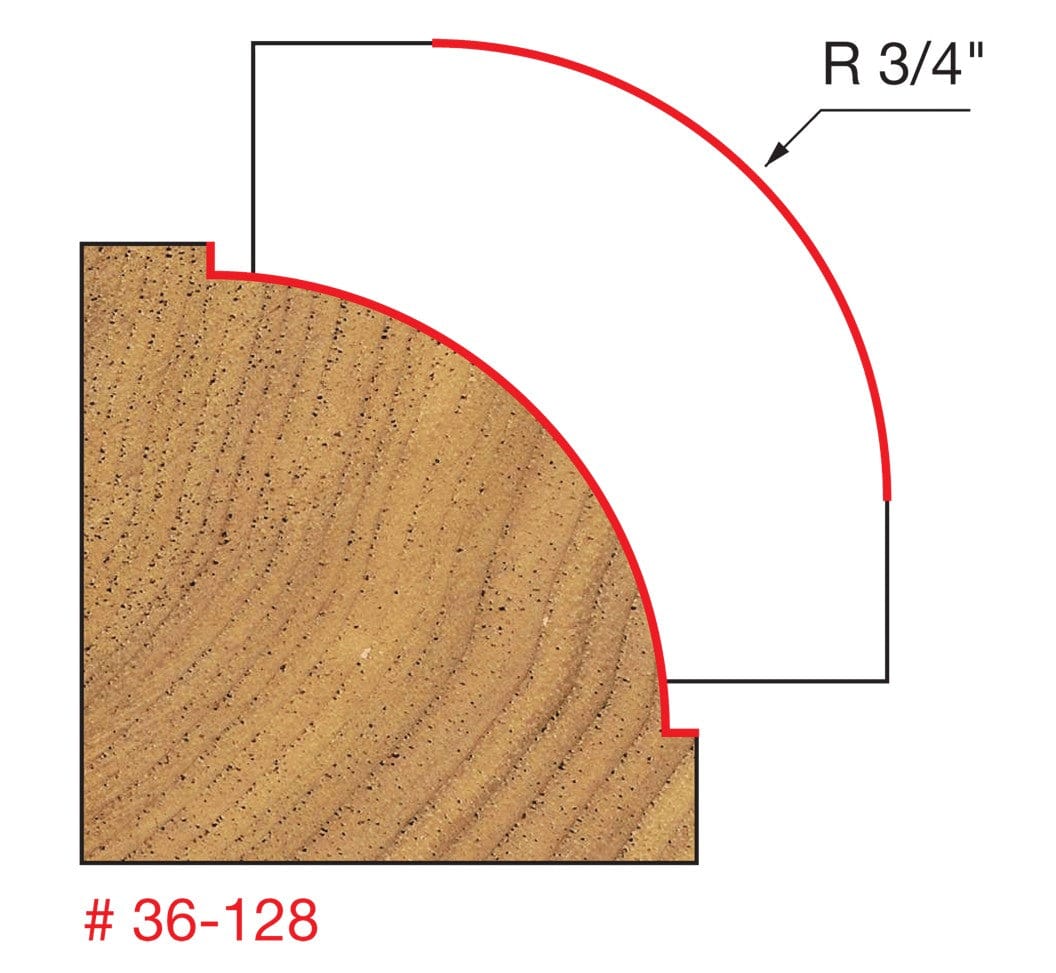 Technical profile diagram illustrating the 3/4 inch radius beading profile cut into a wood edge by the Freud 36-128 bit.