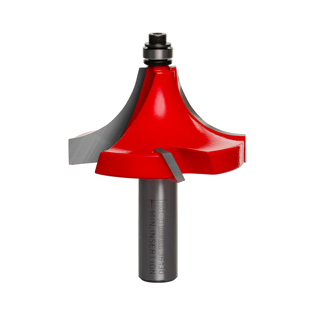 A professional studio photograph of the Freud 36-130 beading router bit, featuring a red-coated head with four sharp silver carbide cutting edges, a top-mounted ball bearing pilot, and a polished 1/2 inch steel shank.