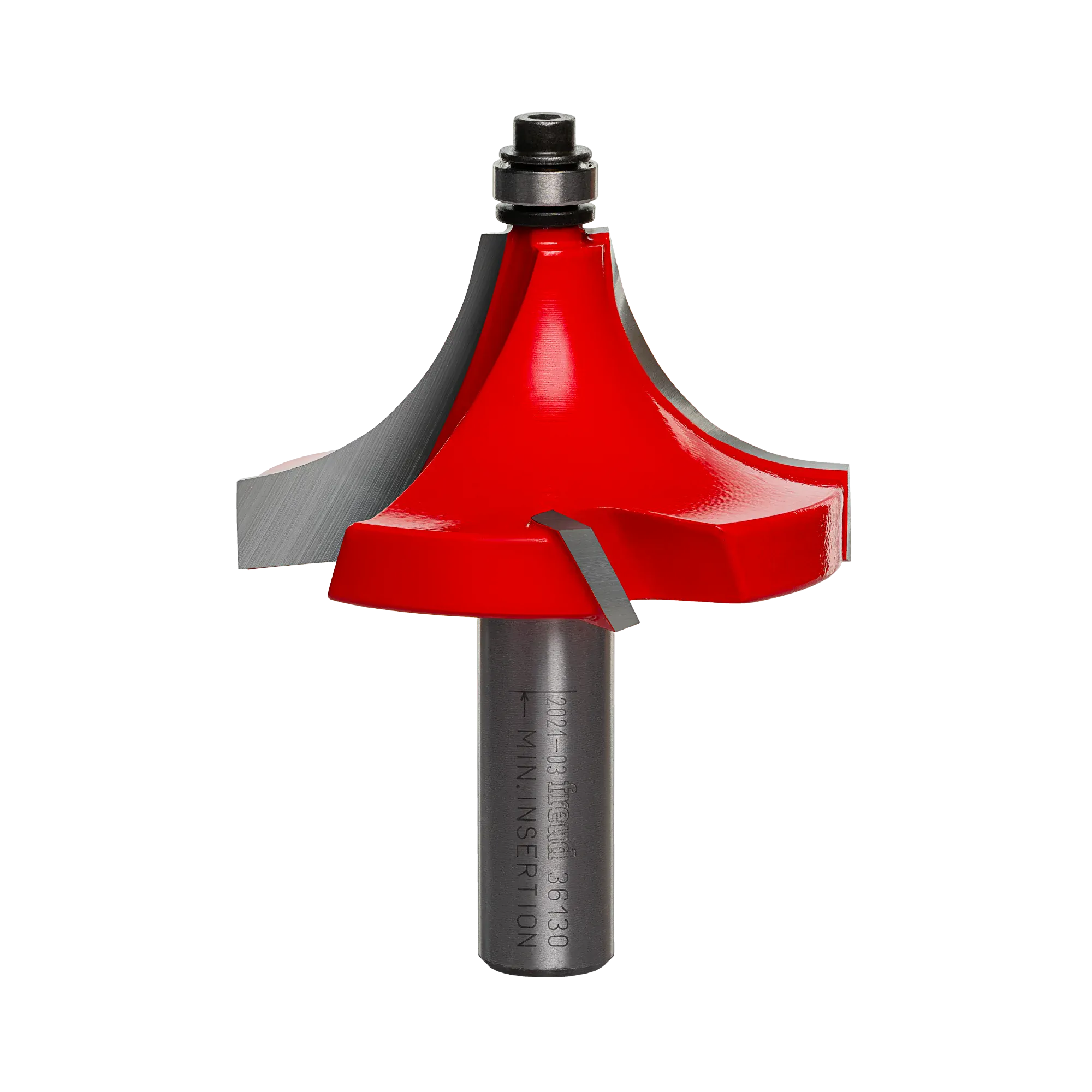 A professional studio photograph of the Freud 36-130 beading router bit, featuring a red-coated head with four sharp silver carbide cutting edges, a top-mounted ball bearing pilot, and a polished 1/2 inch steel shank.