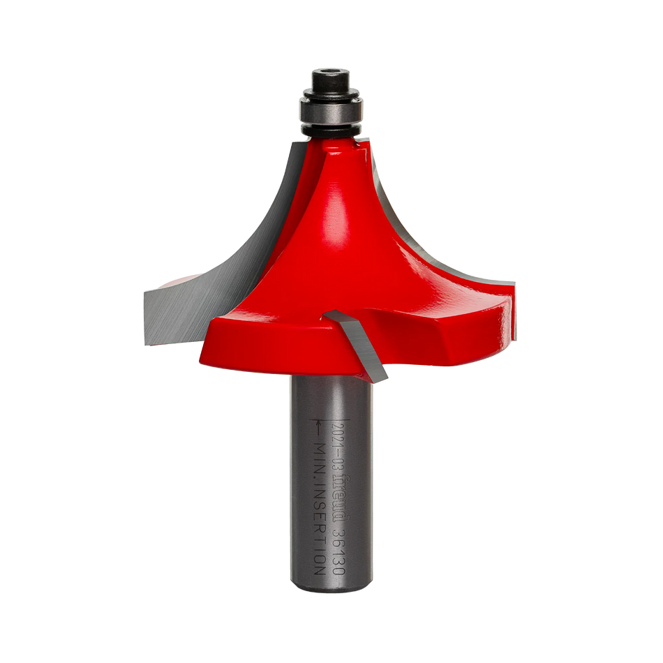 A professional studio photograph of the Freud 36-130 beading router bit, featuring a red-coated head with four sharp silver carbide cutting edges, a top-mounted ball bearing pilot, and a polished 1/2 inch steel shank.