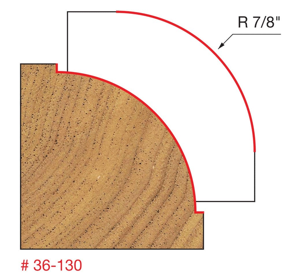 A technical diagram for the Freud 36-130 bit, showing a cross-section of a wood block with a precise 7/8 inch radius decorative beading profile featuring a distinct inset bead at the base of the curve.